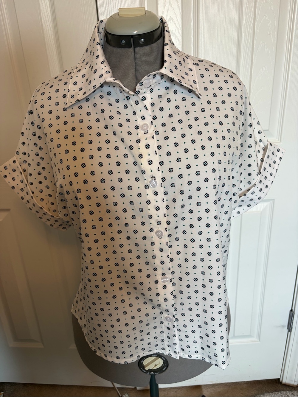 Women's white Button-Front Short Sleeve Blouse with green Dot Print